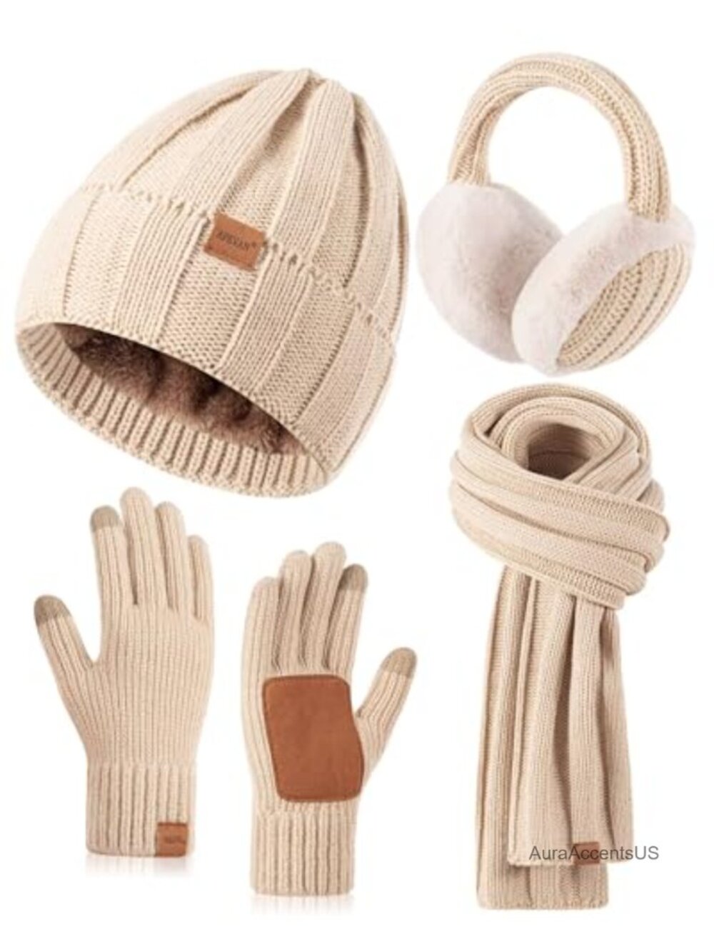 Women's 4-in-1 Winter Hat Scarf Gloves Earmuffs Set, Fleece Lined Knit Beanie